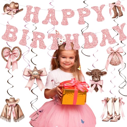Image of Yunlly Cowgirl Birthday Party Decorations Pink Bow Happy Birthday Banner Western Hanging Coquette Swirls Disco Balloon Rodeo Bachelorette Decor Supplies for Women Baby Shower Birthady Party Favors