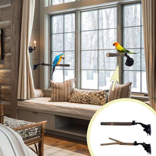 Image of 2 PCS Natural Wood Bird Perch with Suction Cup Parrot Shower and Window Perch Stand Bird Portable Suction Cup Shower Perch for Parrot Parakeet Cockatiel Conure Budgie Lovebirds