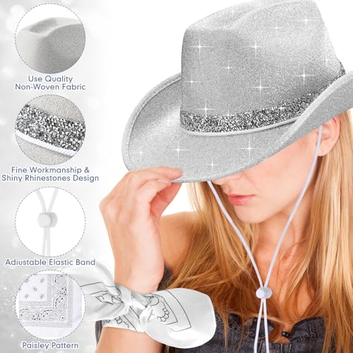 Image of Coume 12 Pcs Sparkly Adults Cowboy Hat and Bandanas Women Men Western Glitter Cowgirl Party Hats with Adjustable Drawstring