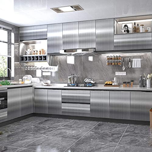 Image of HOME13 Vinyl Brushed Wallpaper Peel & Stick Contact Paper Self Adhesive Stainless Vinyl Wallpaper for Kitchen Countertops Cabinet Waterproof Wallpaper (24x120 Inches, Silver Brushed)