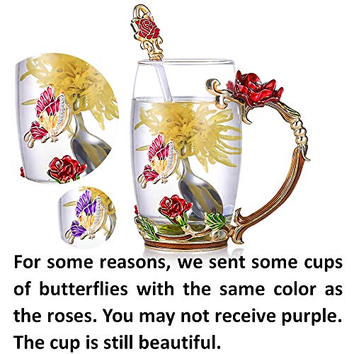 image for Kaiyuan Dynasty Tea Cup Glass Coffee Mugs Enamel Rose Flower Butterfly