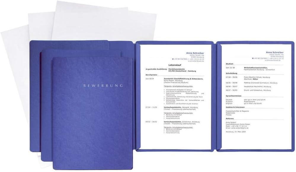 Pagna 22028-02 Application Set Special 3 Application Folders with "Bewerbung" Print / 2 Spine Bars Each / 3 Envelopes DIN B4 / Blue