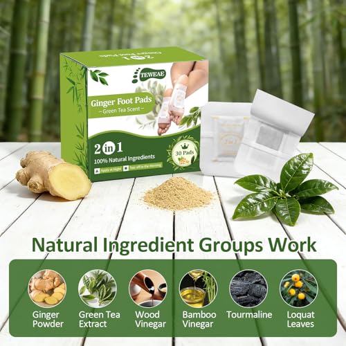 Image of Green Tea Bamboo Vinegar Foot Pads with Ginger, 2 in 1 Design Premium Herbal Foot Care Patches. Use During Sleep. for Tired Feet, Stress & Fatigue Relief, for Better Sleep, Feel Better, 30 Count
