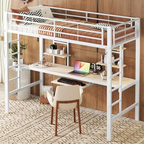 PUGSDRLY Lit Mezzanine 90x200cm Avec Bureau, Plateau Pour Clavier et Deux Étagères - Pour Enfant, Adolescent et Adulte - Cadre en Fer Blanc