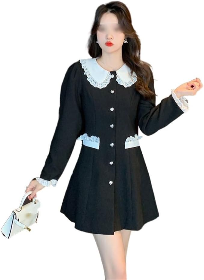 Black Color Doll Neck Dress Women's Petite Long Sleeve French
