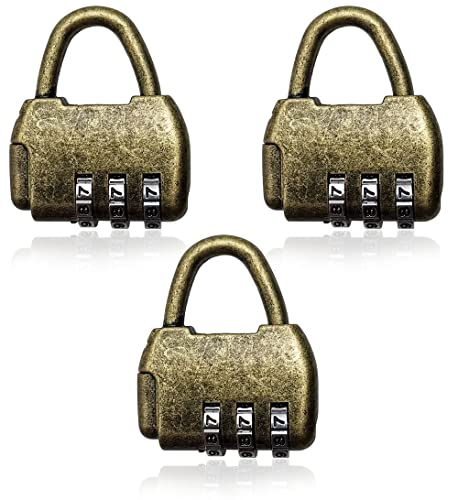 Image of 3Pcs Vintage Password Padlock, 3 Digit Combination Lock for Luggage | Antique Bronze Finish, Tool-Free Combo Reset, For Gym /School Lockers, Luggage, Drawers, Cabinets & Diaries, (Default: 000)