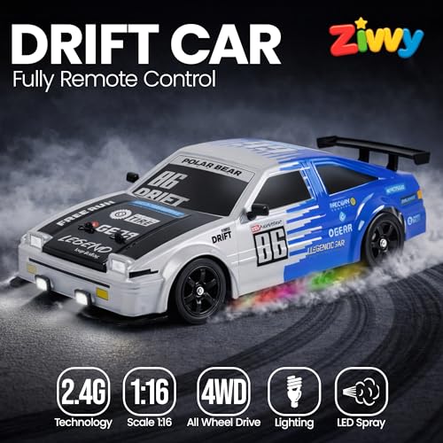 Image of Big Remote Control Car - Blue | 2.4G Drift Racing Car with 100 Meter Range, Smoke Effect, LED Lights & Music | Rechargeable RC Car Toy | Best Gift for Boys & Girls 2 3 4 5 6 7 8+ Years