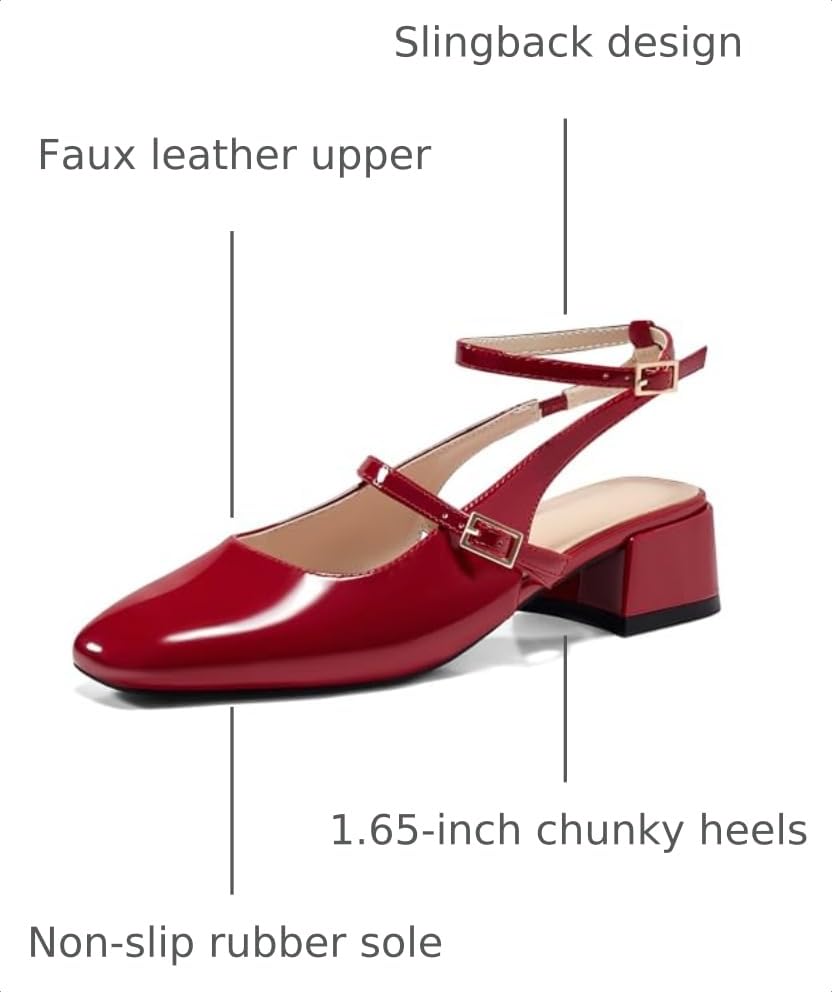 Image of Coutgo Womens Mary Jane Chunky Low Heels Closed Square Toe Ankle Strap Pumps Wedding Party Dress Shoes