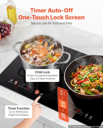 Image of VEVOR Induction Cooktop 24inch 2 Burners Built-in Electric Stove 110V 1800W, Countertop Induction Burner, with 9 Power Levels, LED Touch Screen, Ceramic Glass Surface, Child Lock, for Kitchen, RV