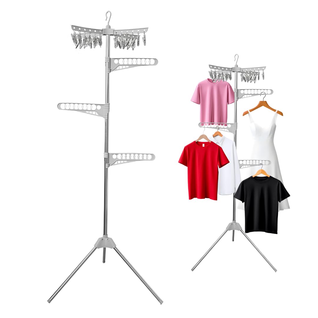 Collapsible Clothes Drying Rack – Foldable Tripod Hanger with 24 Clothespins
