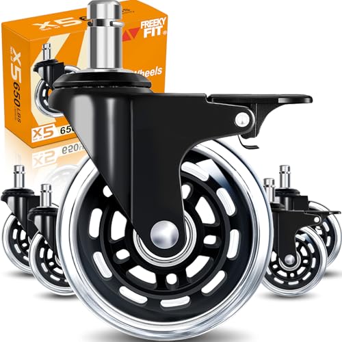 Image of Office Chair Wheels for Casters Replacement - 3 inch Rubber Wheels for Computer Gaming Desk Caster Smooth & Safe Rolling for All Floors Hardwood and Carpet - Set of 5 - Clear