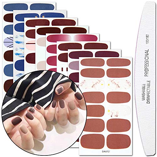 WOKOTO 8 Sheets Pure Color Nail Art Polish Wraps Decals With 1Pcs Nail File Classical Adhesive Nail Sticker Strips Manicure Accessories