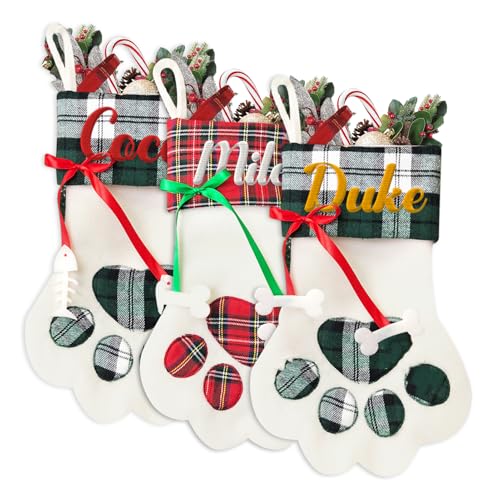 Rainsar Personalised Christmas Stockings for Dogs and Cats - Custom Named Stocking with Embroidered, 17 Large Pet Paw Stockings with Bone, Xmas Festive Family Fireplace Hanging Decorations (44x22cm)