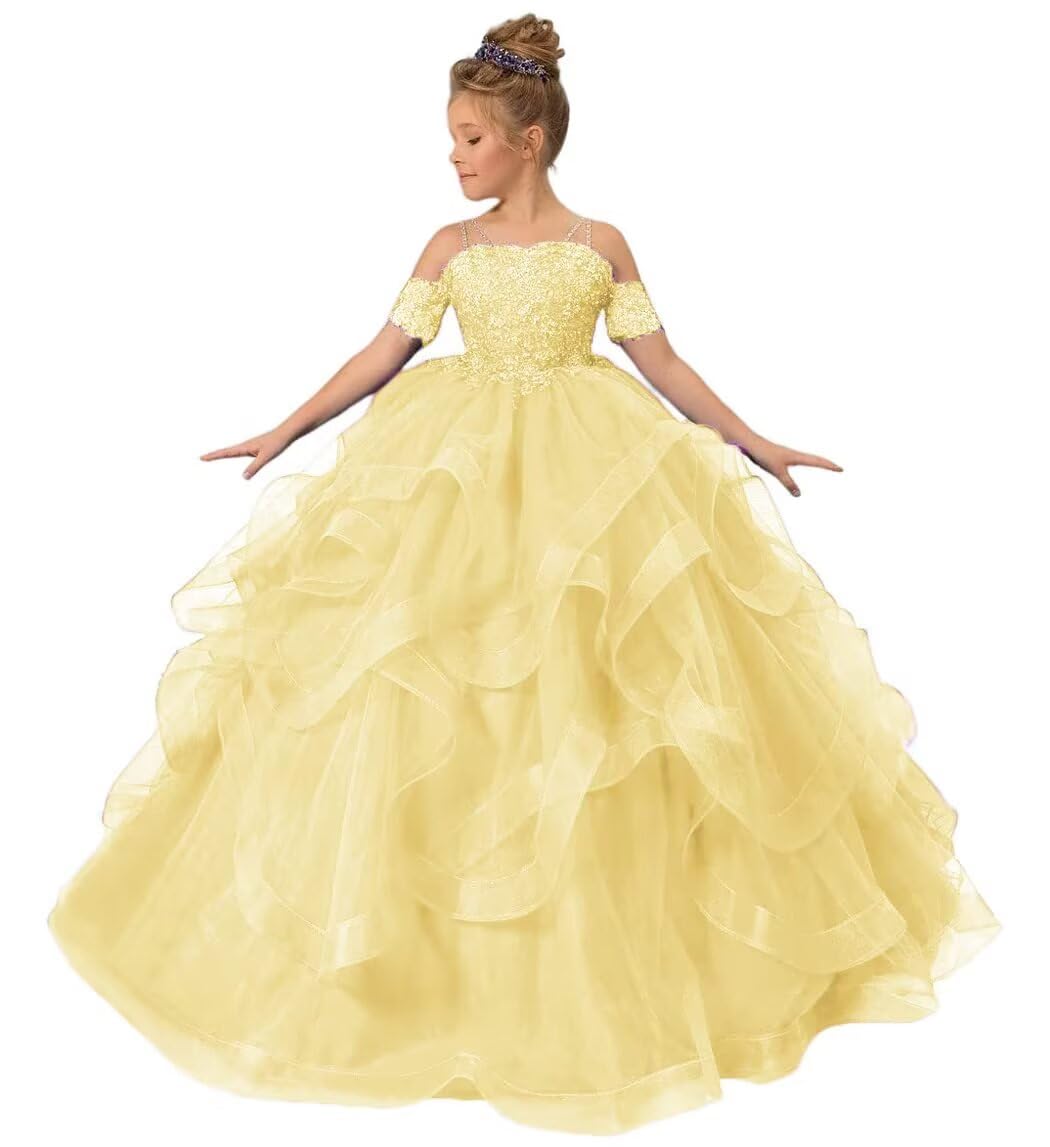 Tulle Flower Girl Dresses for Wedding Lace Applique Princess Ruffles Pageant Dress Long Party Ball Gown