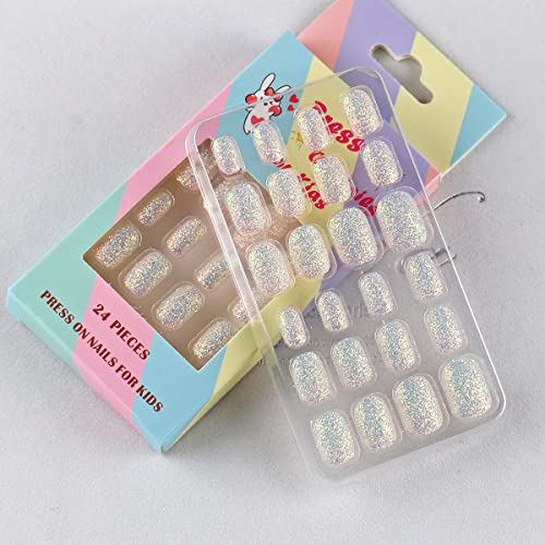 24 Pieces Gradient Color Kids Press On Nails Pre-Glue Children False Nails Short Oval Full Cover Artificial Fake Nails Holographic Glitter Acrylic Nail Tips For Little Girls Gift (Pastel Pink) #TOP4