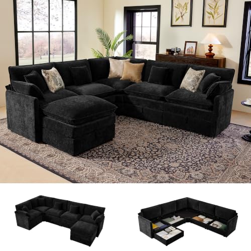 Image of Ihanherry Oversized Modular Sectional Sofa with Storag, 6-Seater V Shaped Cloud Couch with Movable Ottomans, Chenille Deep Seat Corner Couches for Living Room (Black)