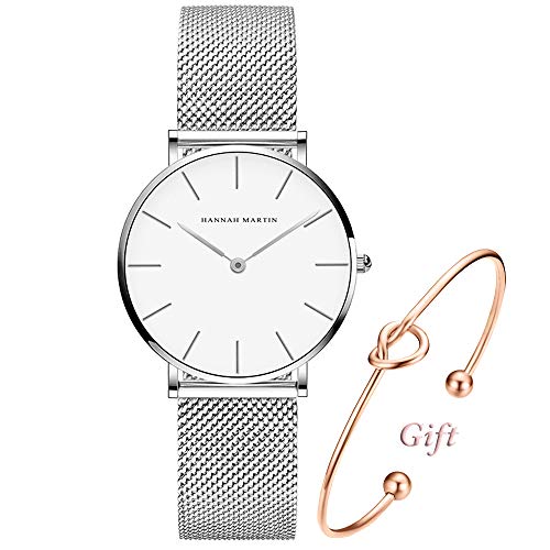 Women's Analog Quartz Rose Gold Watch with Stainless Steel Mesh Strap Ladies Watch Simple and Elegant with Bracelet (Silver)