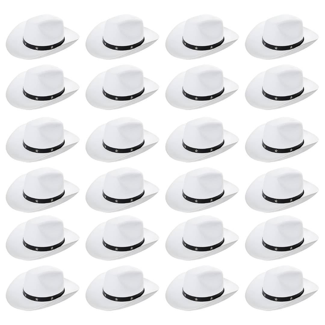 Adults Star Studded Cowboy Hat - Pack of 24 - White Felt Western Style Hat with Decorative Star Studs - Classic Wild West Fancy Dress Costume Accessory for Parties Festivals Cosplay Cowgirl Events