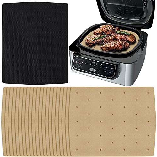 Image of WMKGG Unbleached Air Fryer Parchment Paper, 100 PCS Arc 8 inchx9.6 inch | Perforated Disposable Air Fryer Liners for Ninja Foodi Grill 5-in-1 AG301 4qt Air Fryer