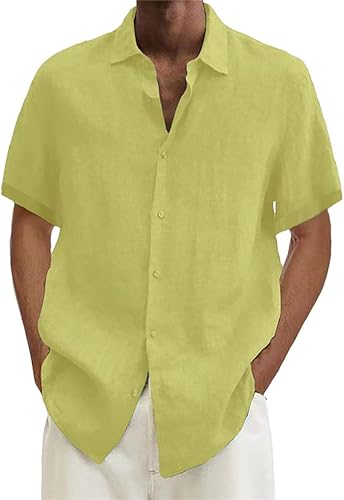 Dninmim Camisas para hombre Primavera Verano Casual Algodón Lino Camisas Sueltas para Color Sólido Manga Corta