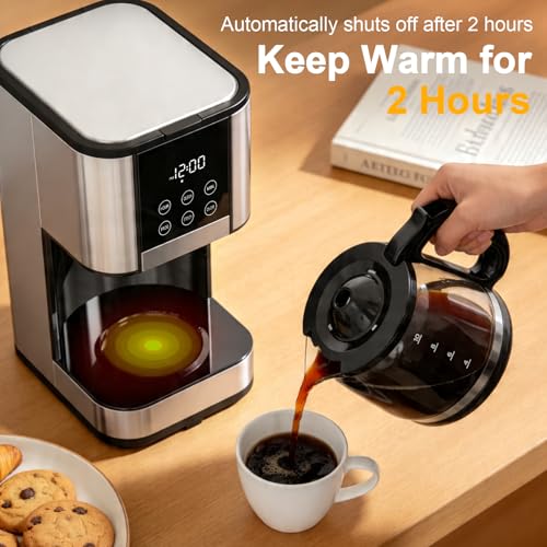 Image of 10 Cup Programmable Drip Coffee Maker, Adjustable Brew Strength, Pause & Serve, Heat Resistant Glass Carafe, Permanent Filter, Auto Shut Off, Stainless Steel, Compact Coffee Machine for Home Office