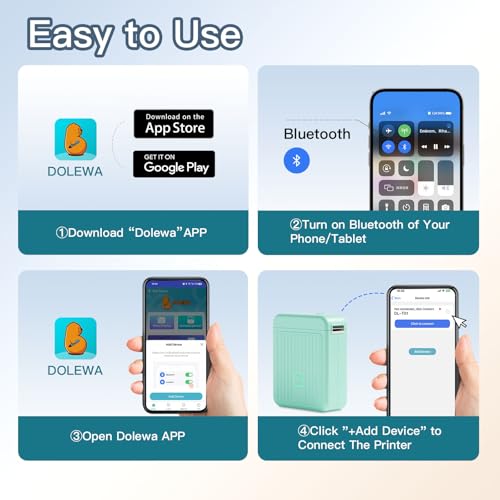 Image of Label Printer with Waterproof Self-Adhesive Labels (12 x 40 mm), Bluetooth Labeling Device, Portable Label Printer, 2000 mAh, Compatible with iOS & Android, for Home, School, and Office (Mint Green)