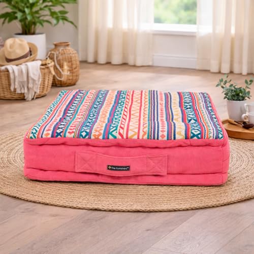 Image of Woven Quilted Floor Cushion 40x40x8 cm Pink Boho with Cotton Filler Small Size for Seating, Patio Seat, Meditation, Yoga, Pooja, Guests, Living Room, Bedroom Size - 16x16x3 Inch