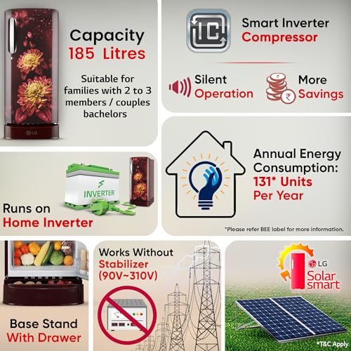 Image of LG 185 L, 5 Star, Direct-Cool, Smart Inverter Compressor, Single Door Refrigerator with Fast Ice Making (GL-D201ASFU, Scarlet Florance, Runs on Home Inverter, Moist 'N' Fresh & Base stand with drawer)