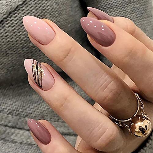 24 Pcs Glossy Press on Nails, Luvehandicraft Medium Stiletto Fake Nails, False Nails with Glue for Women and Girls