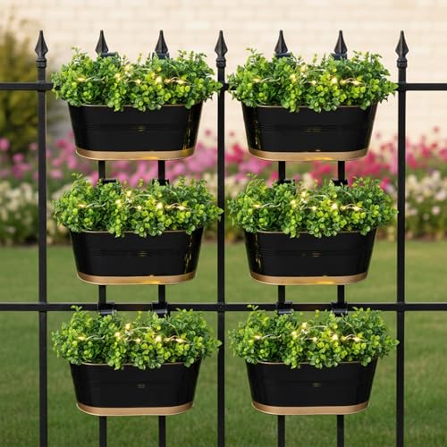 Image of TrustBasket 12 inches, Set of 6 Railing Planter - Premium UV Resistant, Anti-Rust Hanging Pots for Plants | Stylish Hanging Planters for Balcony | Indoor & Outdoor Pots for Balcony Decoration (Black)