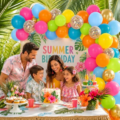 Image of Tropical Balloons, 60Pcs Summer Balloon Hot Pink Orange Teal Blue Yellow Green Gold Colorful Balloons with Rainbow Confetti Balloon for Hawaiian Aloha Luau Pool Birthday Beach Party Decorations