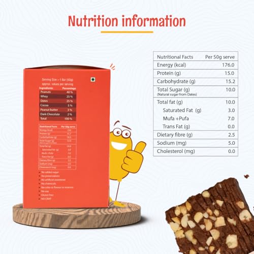Image of ANAVRIN Choco Peanut Protein Bar - 15g Protein, 2.5g Fibre in each Bar (6 Bars x 50gm) No Added Sugar, No Soy, No Preservatives Gluten Free High Protein Energy Bar, Healthy & Tasty Everyday Snack