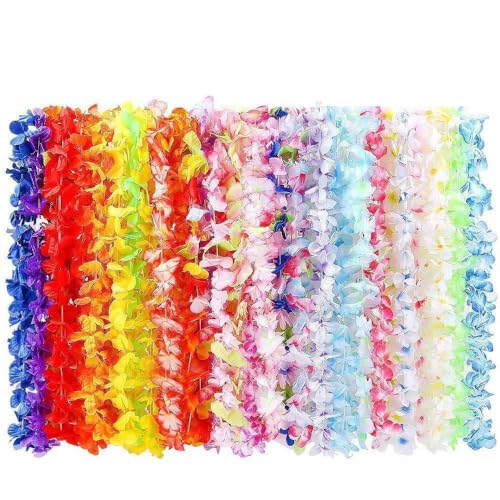 BangShou 100 Pack Hawaiian Flower Garlands, Tropical Party Decorations, Hula Necklace Lei, Aloha Tiki Beach Theme Lays for Adults, Caribbean Fancy Dress Accessories