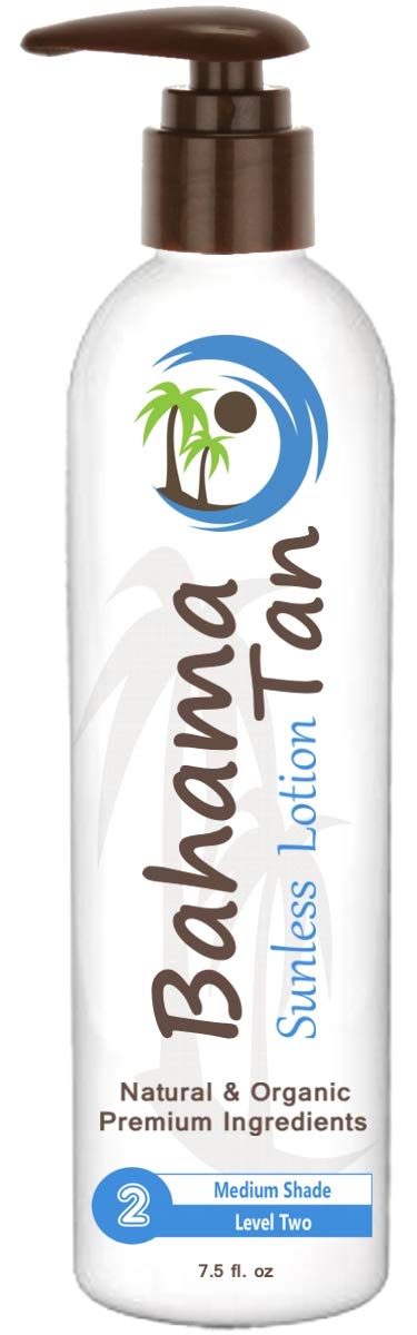 Self Tanning Lotion Fair to Medium Organic & Natural, Vegan & Cruelty Free, Body & Face, Bahama Tan Self Tanner Level 2 Light to Medium Skin Tones, No Orange Streak-Free Sunless Lotion, 7.5 oz with Pump