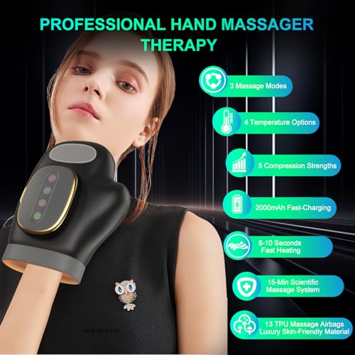 Image of Professional Hand Massager with Heat Compression Therapy, 3 Massage 4 Temperatures 5 Compression Pain Relief Glove, Arthritis & Wrist Carpal Tunnel Neuropathy Circulation, Gifts for Women /Men