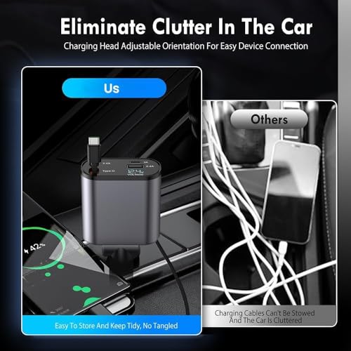 Image of 120W Fast Charging Car Charger 4-in-1 with Retractable Type-C & iOS-Compatible Cable, Dual USB Ports, Multi-Device Car Adapter for Phones, Tablets,Compatible for iPhone, Xiaomi, Google, Honor,Oppo,etc
