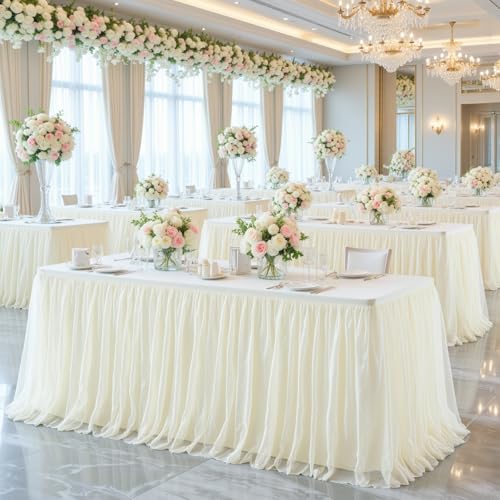 Suppromo Ivory Tulle Tablecloth for 8 Foot Rectangular Table 8ft Ivory Rectangle Table Cloth Wrinkle Free Tablecover with Tutu Skirt for Wedding Birthday Party Bridal Shower Banquet Buffet Cake Event by Suppromo - Used condition - Image 3