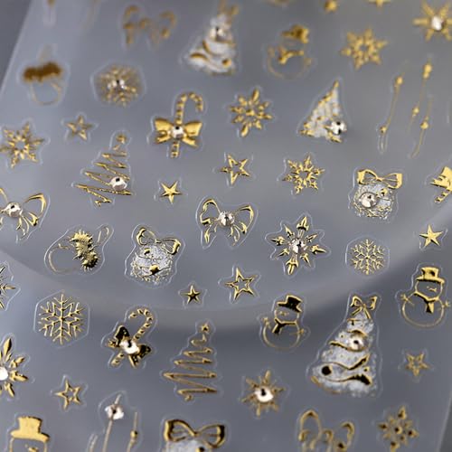 Christmas Snowflake Nail Art Stickers Gold Embossed Nail Decals Xmas Winter 5D Self-Adhesive Cute Christmas Tree Snowmen Rhinestones Nail Design Supplies for Women Girls Nail Art Decoration 1 Sheet