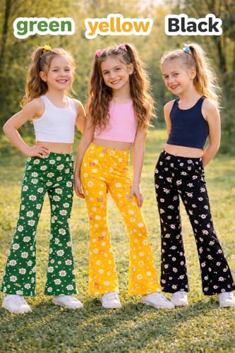 Image of T2F Girls Cotton Flared Leggings Pack of 3 | Soft Stretch Bootcut Pants for Kids | Printed Floral & Heart Designs | Multicolor Combo (2-14 Years