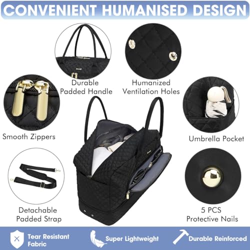 Foto de Bolsa de viaje grande para mujer, bolsa de mano para llevar en la noche, bolsa de viaje de fin de semana con bolsillo húmedo, artículos de tocador para fin de semana, 01-Negro, Bolsa de viaje (imagen 4)