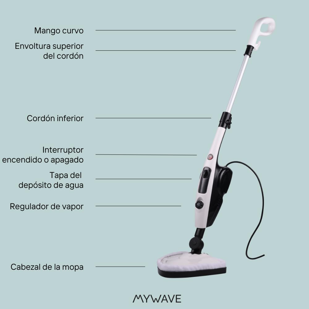 Mopa a Vapor Multifuncional 10 en 1 de 1500W con Cabezal Giratorio 180° y Vapor Continuo. Desinfección a 110°C para Alfombras, Ventanas, Ropa y Más. Depósito de 550ml y Accesorios Incluidos