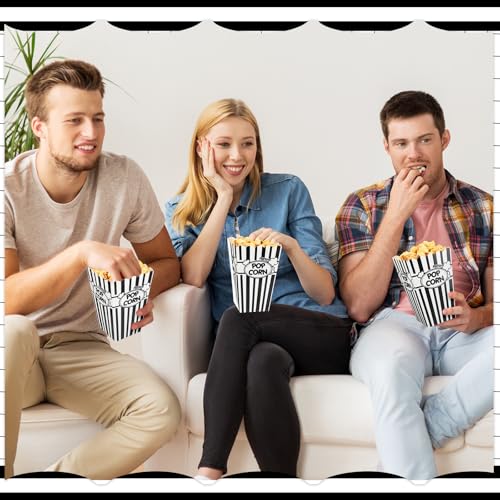 Image of Xinnun 100 Pcs Popcorn Boxes 32oz Classic Stripe Paper Buckets Disposable Oil Proof Popcorn Container Retro Open Top Box for Movie Night Supplies Theaters Carnival Birthday Party(Black and White)
