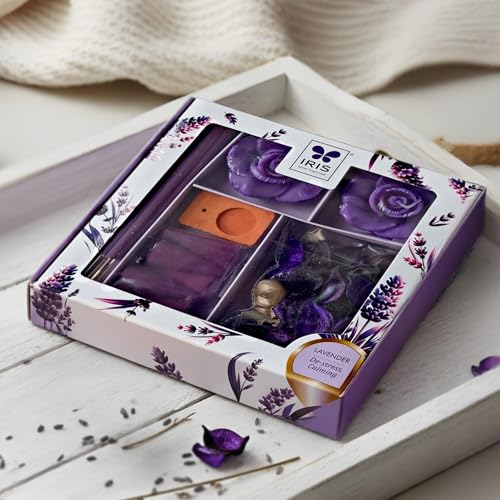 Image of IRIS Lavender Fragrance Gift Set | Floating Candles, Incense Sticks, Incense Cones, Potpourri & Incense Holder | for Home Decor & Gifting.