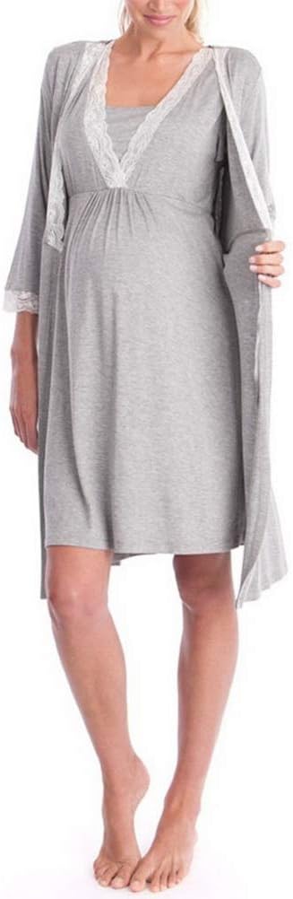 CHAGANA Maternity Pregnancy Labor Robe Delivery Hospital Nursing Nightgowns Sleepshirts for Breastfeeding 2Pcs Set Nightie