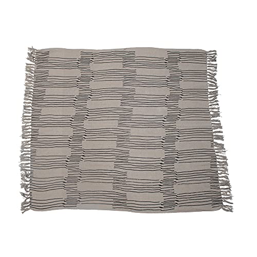 Bloomingville Recycled Cotton Blend Printed Neutral Blanket With Line Pattern And Fringe Edge Throw, Black & Natural #TOP12