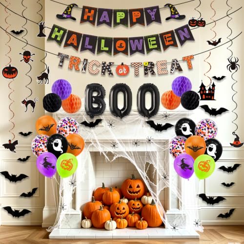 PWFNEW 46Pcs Halloween Party Decorations Set with Banners Balloons & Bats | 32 bat stickers with glue dots, 12 double-sided swirls and paper pom poms for indoor and outdoor party displays - image 7
