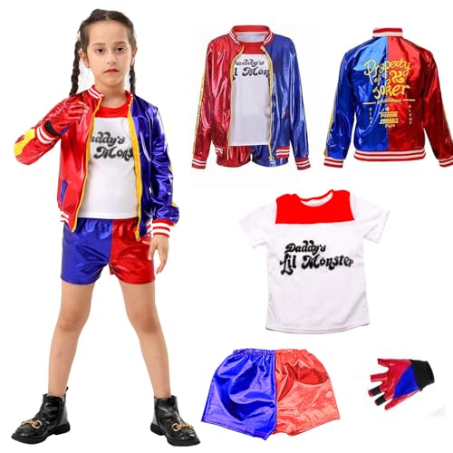 Bdwing Harlequin Disfraz para Niñas, Película Cosplay Suicide Disfraz de Carnaval, Camiseta,Guantes, Chaqueta Pantalones y Rojo Azul Cortos Conjunto per 2 3 4 5 6 7 8 9 años (S)