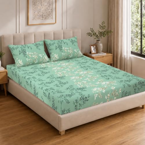Image of Cloth Fusion Cotton Feel Elastic Fitted Bedsheet King Size, 2 Pillow Covers