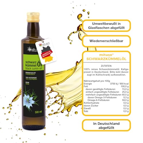 Schwarzkümmelöl 2x 500 ml, gefiltert | 100% rein, kaltgepresst, Vielseitig für Küche und Hautpflege, Frei von Zusatzstoffen - mituso