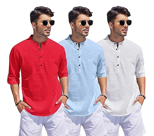 Image of Combo of Men Solid Cotton Blend Straight Kurta Shirt Pack of 3